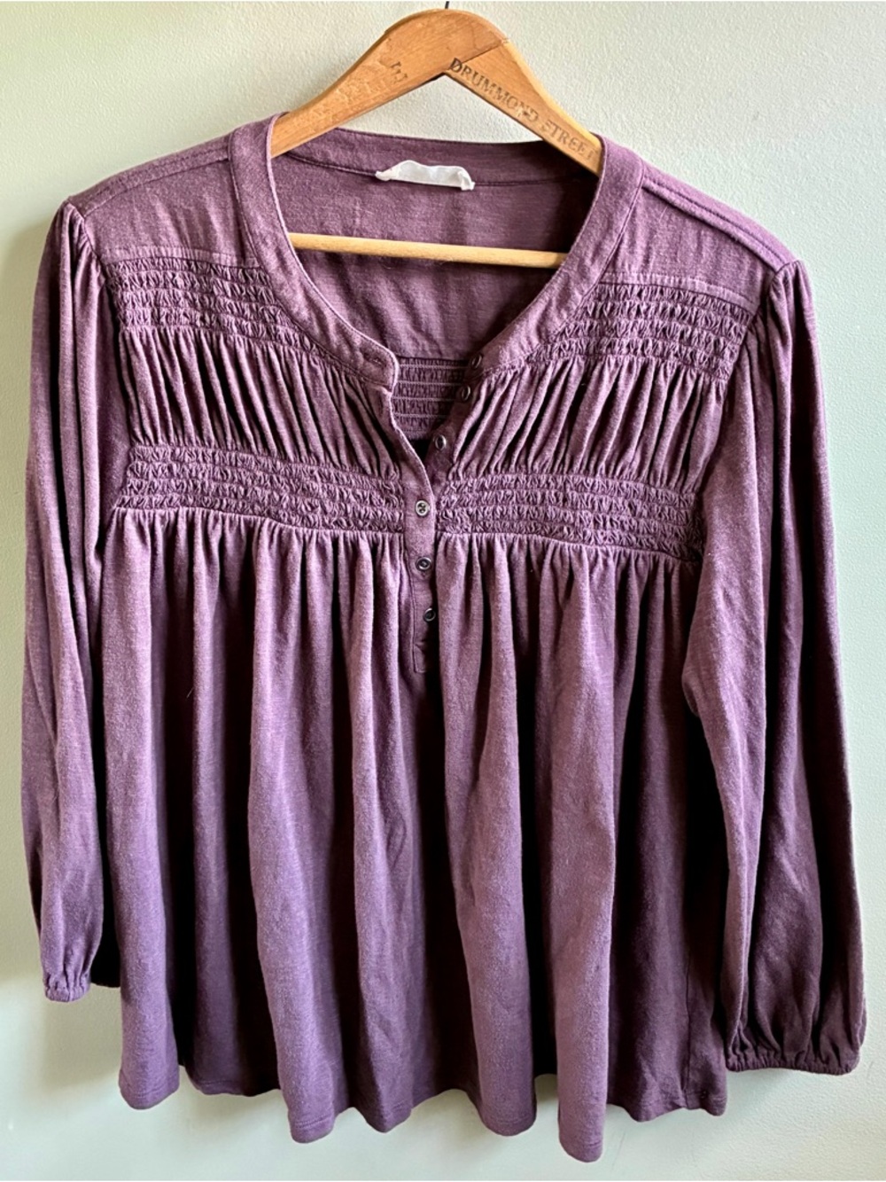 Lucky Brand Purple Smocked Henley Peasant Top